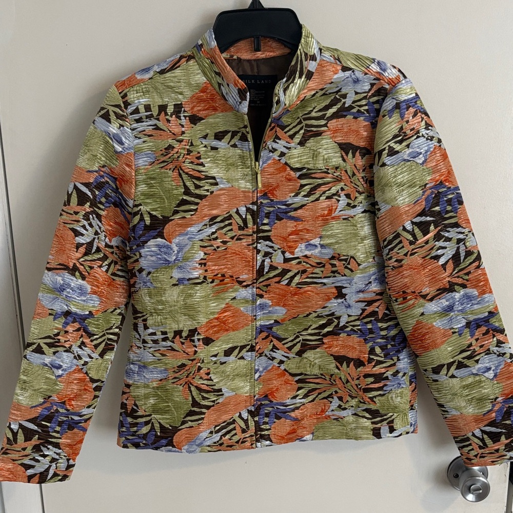 Silk Land Lightweight Floral Zip Jacket in Green, Orange & Blue